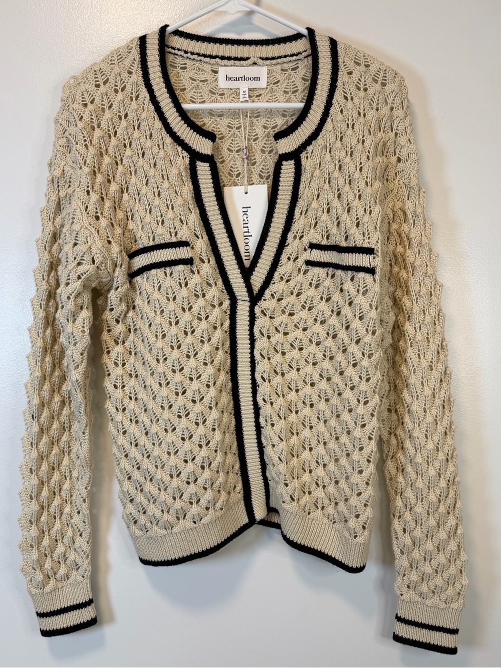 Heartloom Sybil V-Neck Sweater Ivory & Black Trim Open‎ Knit Women’s Medium